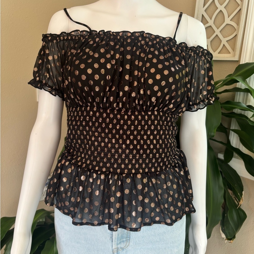New VENUS Black and Gold Polka Dot Ruffle Blouse